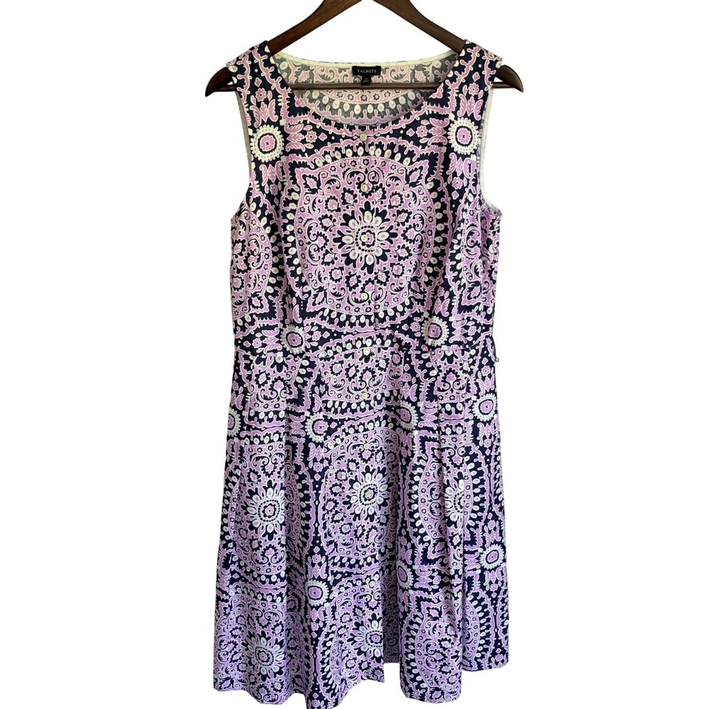 Talbots Fit Flare Dress 10 Preppy Pink Navy Medallion Cotton Sleeveless A-Line - Picture 2 of 7